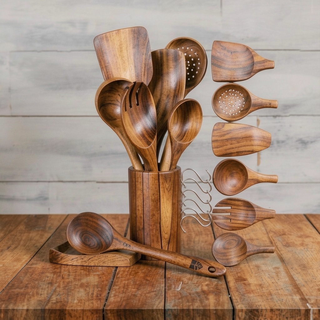 8 Pc Teak Wooden Utensil Set with Holder