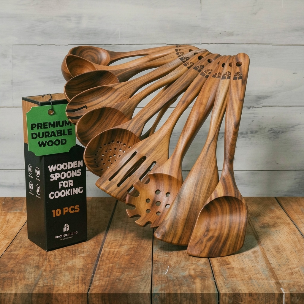 10 Pc Teak Wood Utensil Set