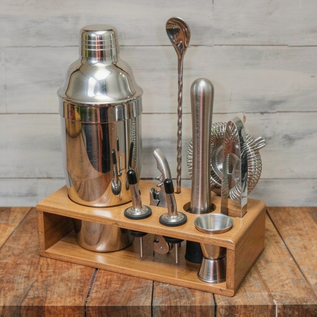 Cocktail Shaker Set w/ Bamboo Stand
