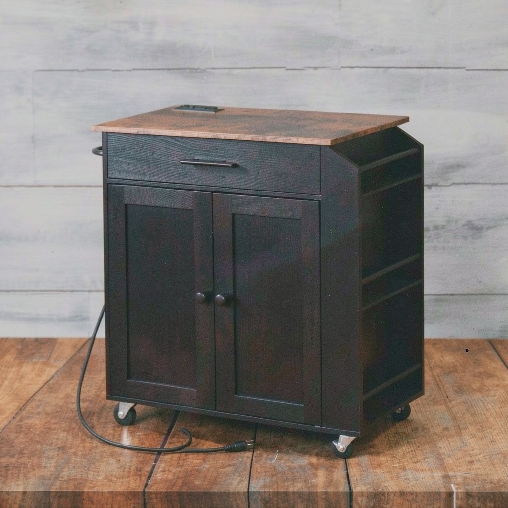 HOOBRO Kitchen Island with Power Outlet, Spice Rack and Drawer