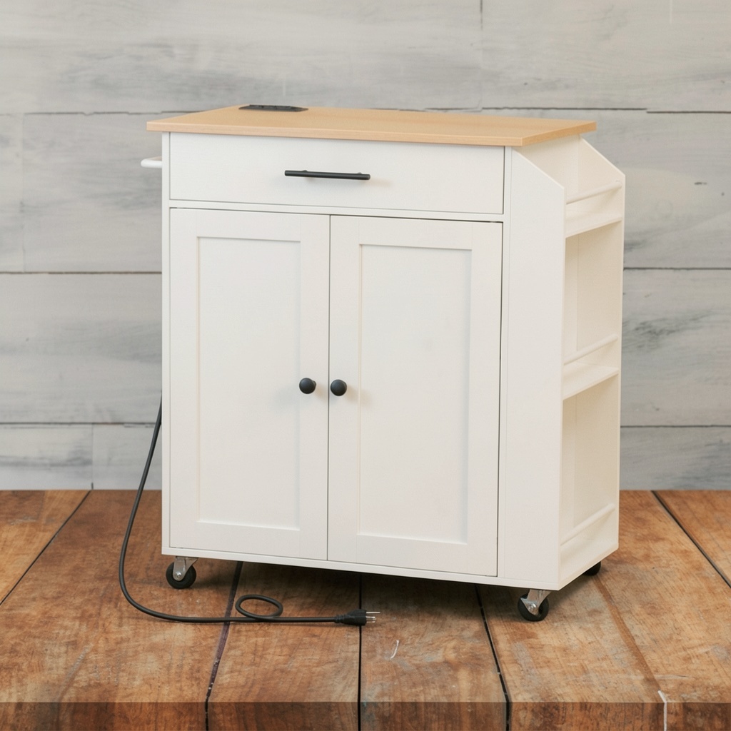 HOOBRO Kitchen Island with Power Outlet, Natural and White