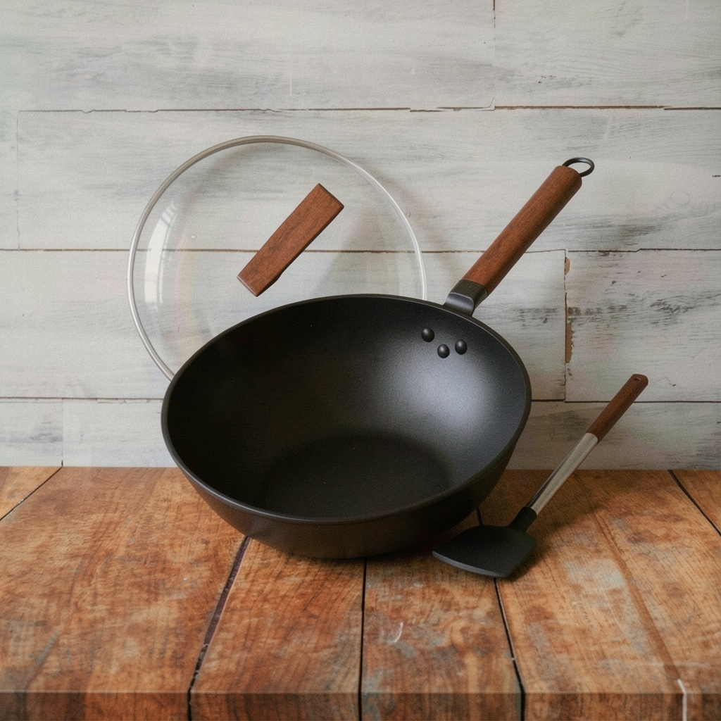 13" Carbon Steel Wok with Glass Cover & Silicone Spatula
