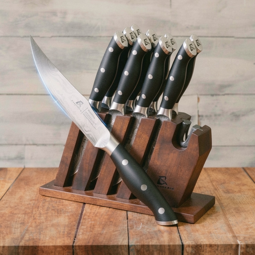 Steak Knives with Block & Built-in Sharpener (8pc)