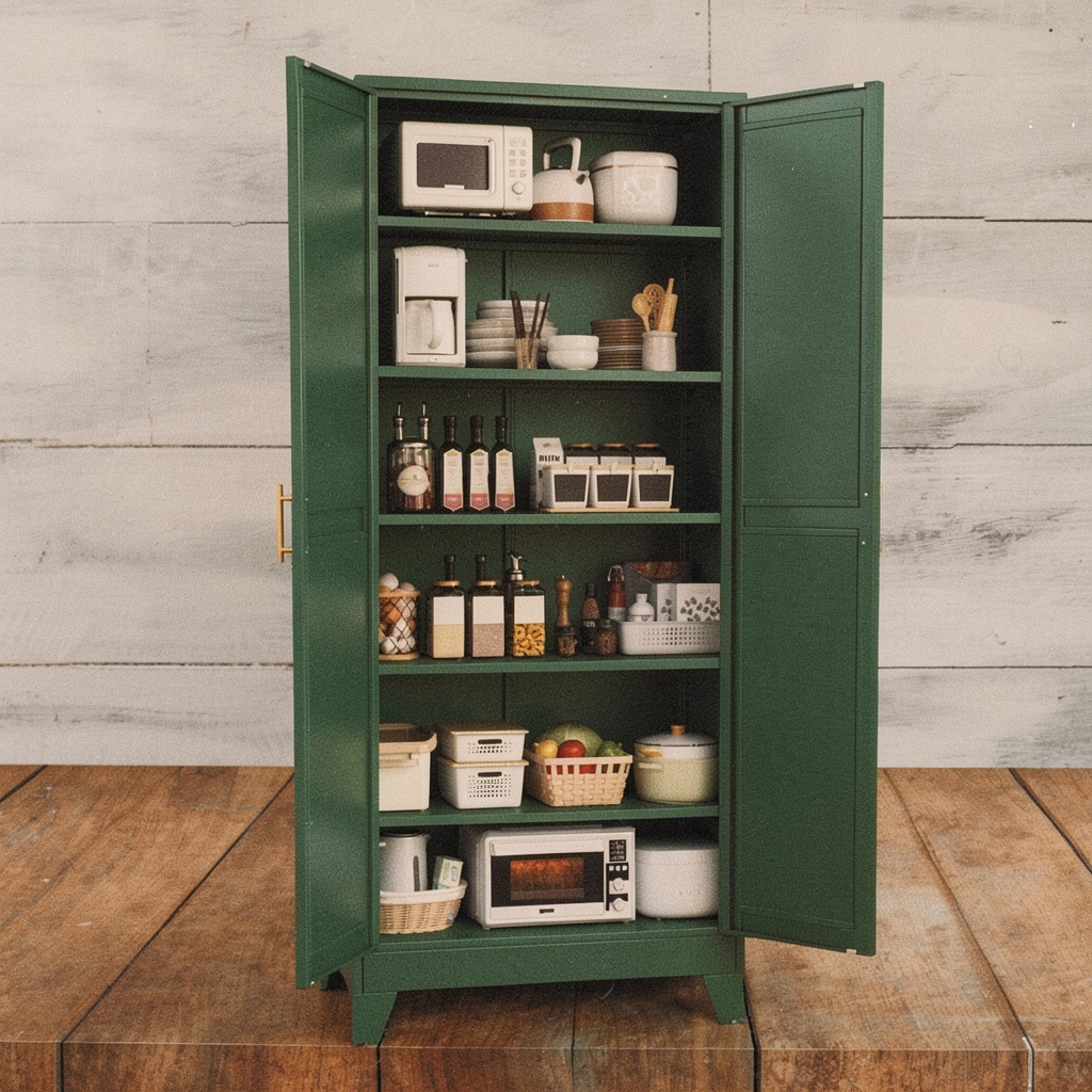 75.2" Tall Green Metal Pantry with Adjustable Shelves