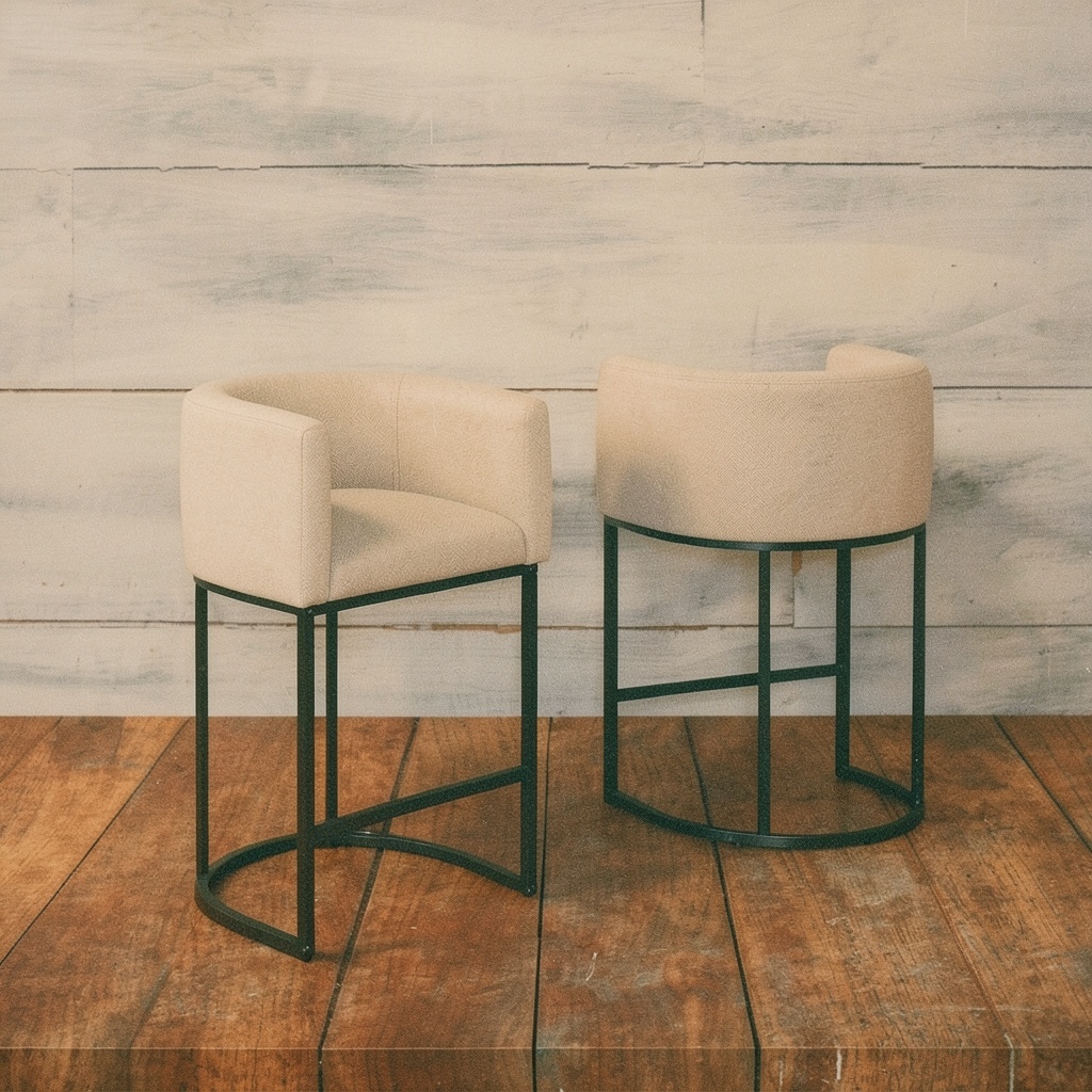 26" H Counter Height Bar Stools Set of 2, Barrel Shape, Linen, With Arms