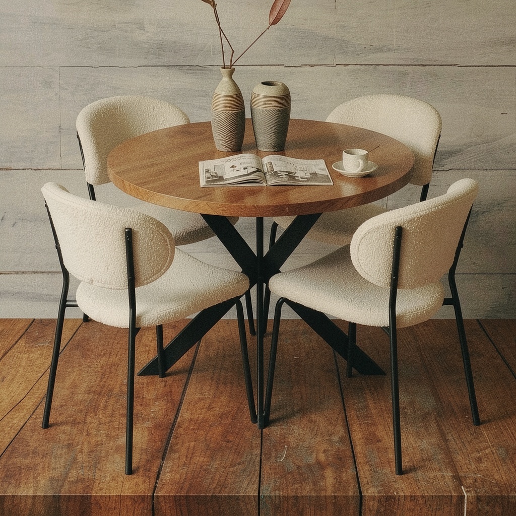 Round Dining Table Set for 4, Boucle Upholstered Chairs