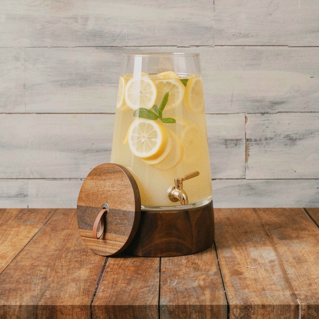 FOODLE Large Glass Drink Dispenser (1.72 Gallon, Acacia Wood Base)