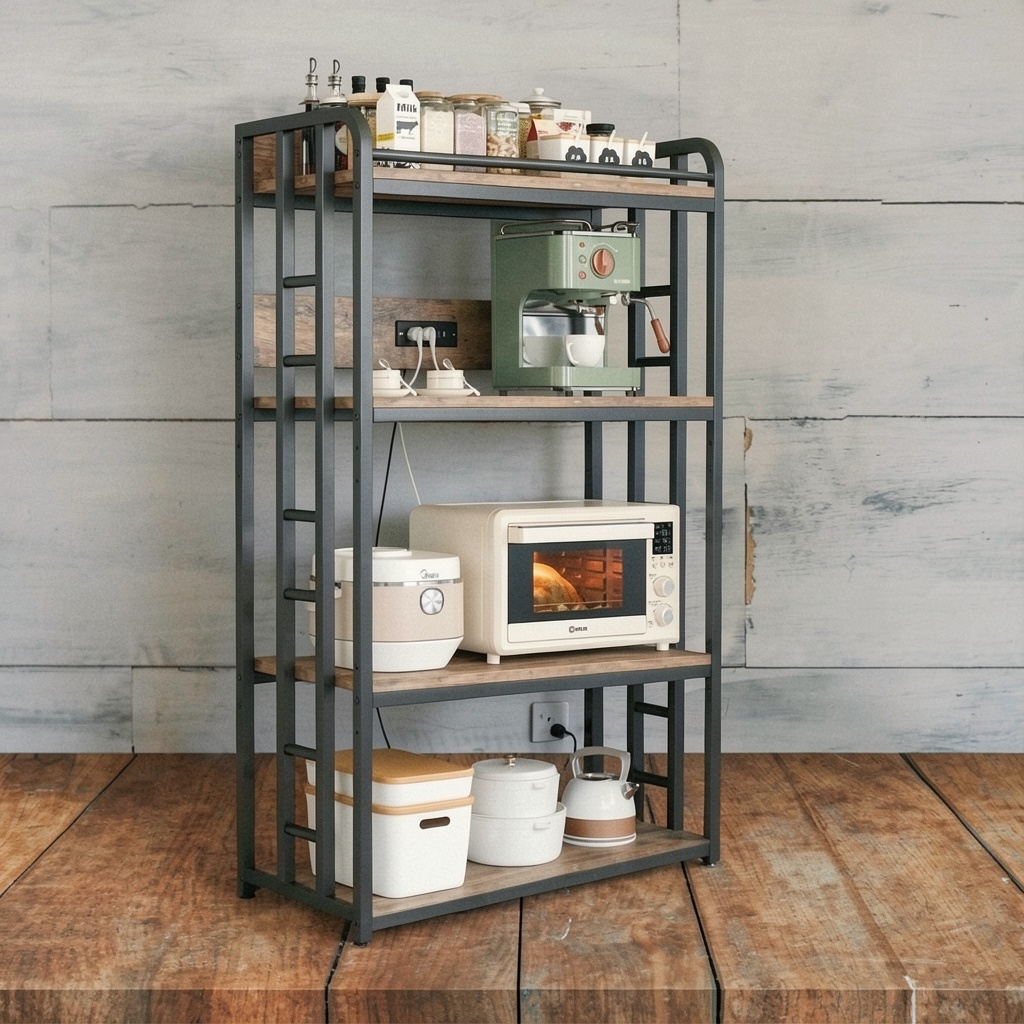 Adjustable 4-Tier Heavy Duty Kitchen Baker's Rack with Power Outlet (Rustic Brown)
