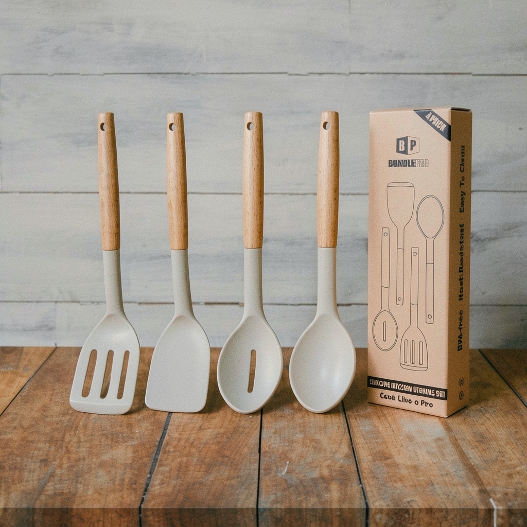 4 Pc Silicone & Wood Utensil Set (Khaki)