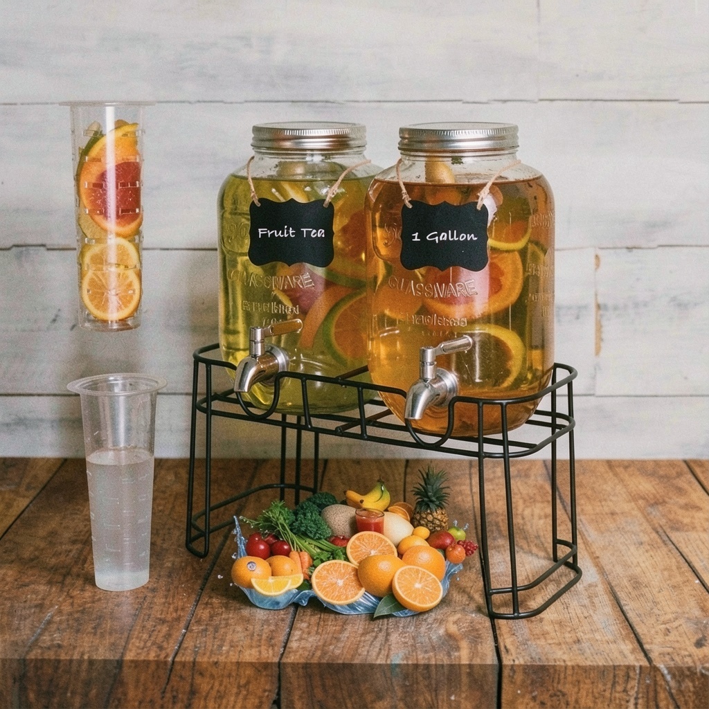 1 Gallon Glass Drink Dispensers (2-Pack, Fruit Infuser)