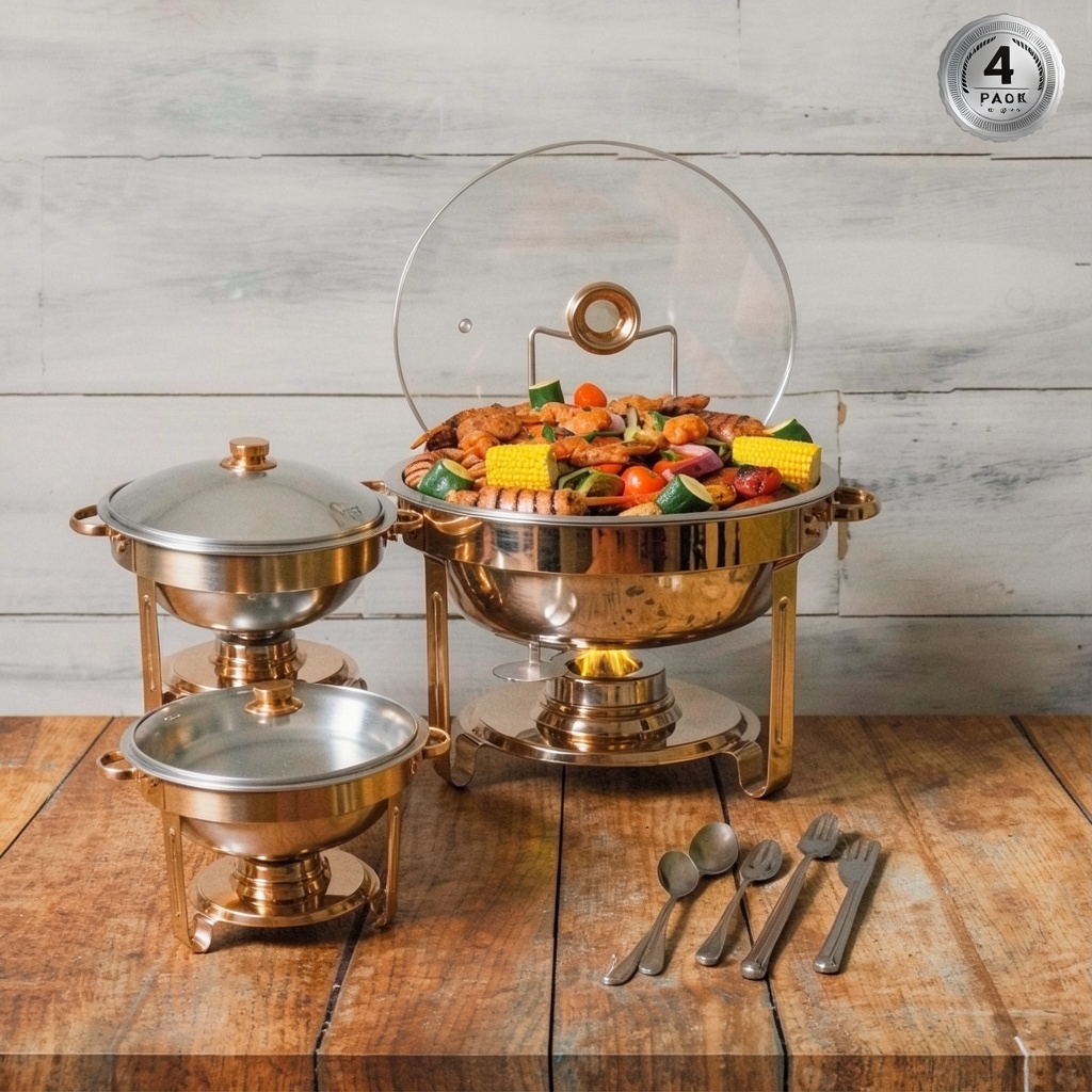 Round Chafing Dishes for Buffet 5 Qt, RoseGold-Glass, 4 Pack