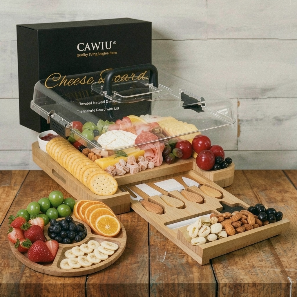 Bamboo Charcuterie Board with Lid & Utensils (Black)