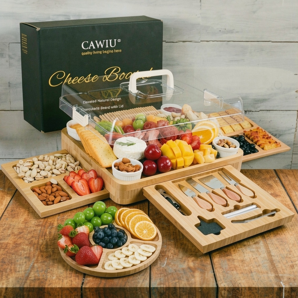 Large Bamboo Cheese Board Set with Lid & Drawers (Cream)