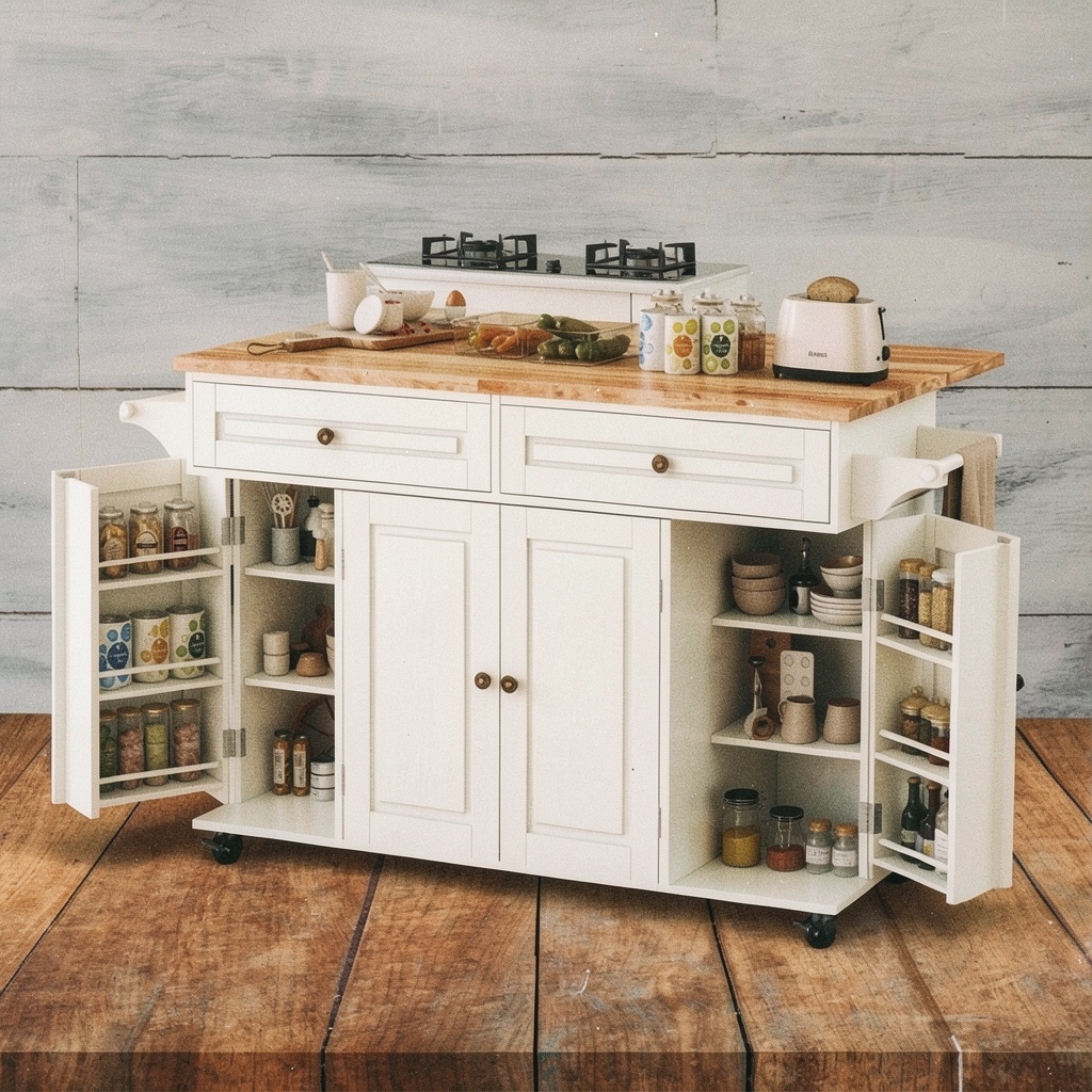59’’ Rolling Kitchen Island Cart with Drop Leaf and Power Outlet