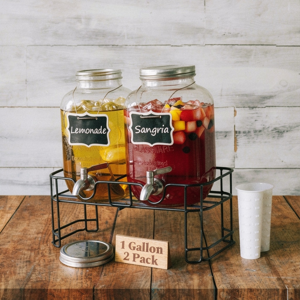 KIKCOIN 1 Gallon Glass Drink Dispensers (2-Pack, Dishwasher Safe)