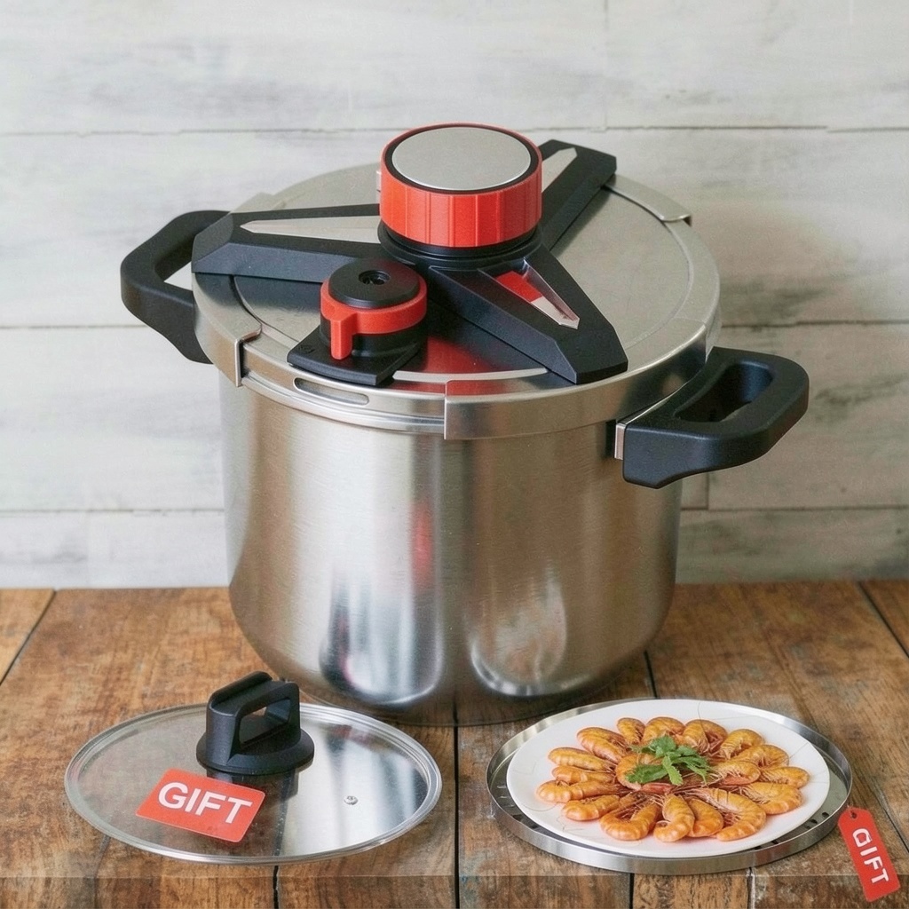 18/8 Stainless Steel Pressure Cooker 8 Qt, One-Hand Locking